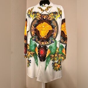 Versace Styled Mystical Blouse Angels Sun Parrots Fruit Print XXL
